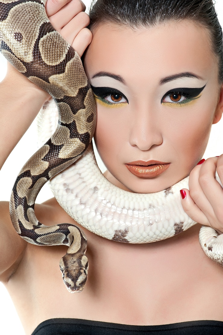 Foto schönes asiatisches mädchen in einem kleinen schwarzen, der eine schlange hält
