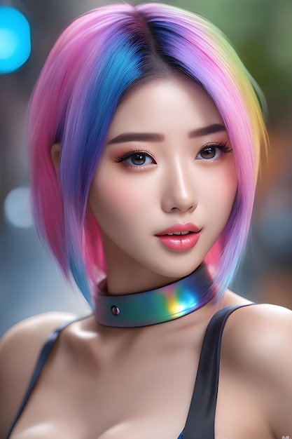 Schönes asiatisches Mädchen mit Regenbogenhaar