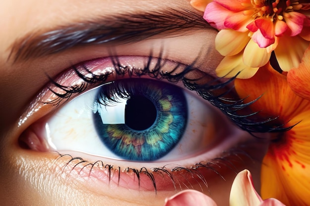Schönes Auge in blühenden Blumen Nahaufnahme AI generiert