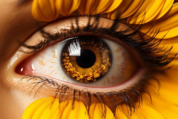 Schönes Auge mit Sonnenblumen