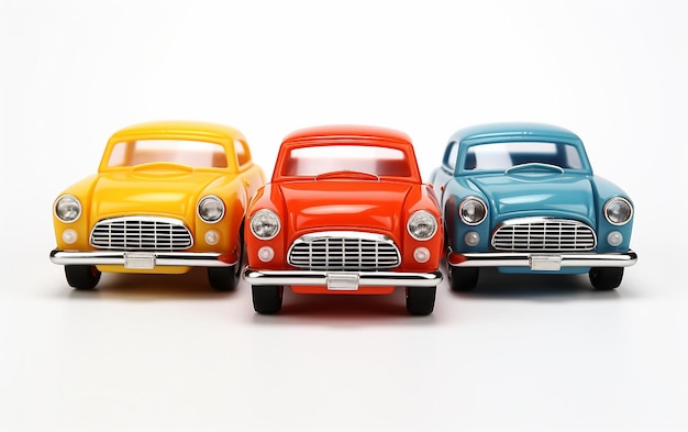 Foto schönes autospielzeug in verschiedenen farben, isoliert auf weißem hintergrund. generative ki
