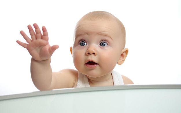 Schönes Baby, das nach einem Spiegel greift, Nahaufnahme, isoliert auf weißem Hintergrund