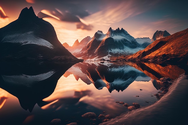 Schönes Bild der Berge, die sich im Wasser unter einem nebligen Himmel spiegeln