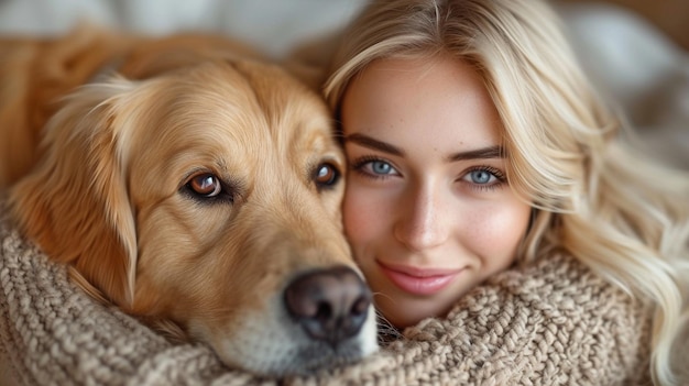 Schönes Bild einer jungen Dame im Bett, die ihren großen Hund kuschelt