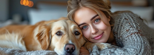 Schönes Bild einer jungen Dame im Bett, die ihren großen Hund kuschelt