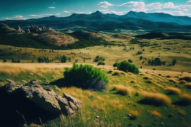 Schönes Bild einer trockenen Landschaft mit Vegetation und hohen felsigen Bergen