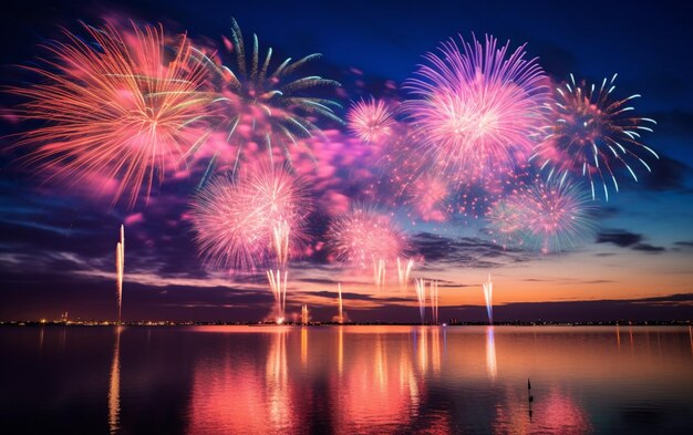 Schönes blau-rosa Feuerwerk beleuchtet den Himmel während des neuen Jahres mit einer schillernden Anzeige