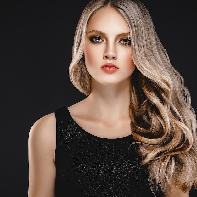 Schönes blondes Frauen-Schönheits-Modell Girl mit perfektem Make-up und Frisur über schwarzem Hintergrund.