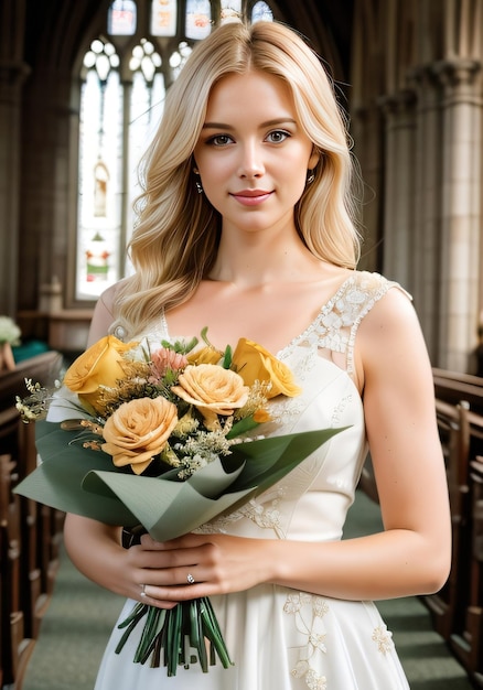 Schönes blondes Mädchen in weißem Hochzeitskleid mit Blumen