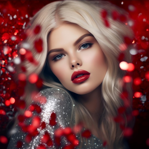 Schönes blondes Mädchen mit roten Herzen und Lichtern zum Valentinstag