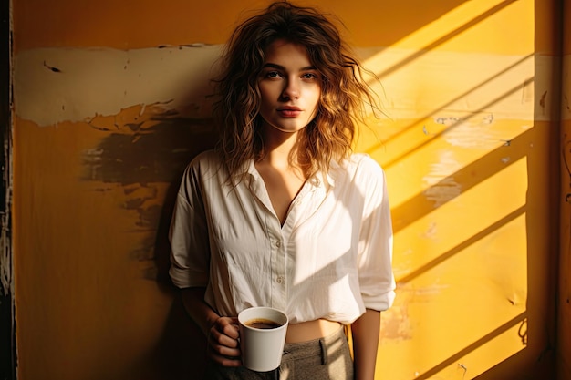 Schönes blondes Model Mädchen in weißem T-Shirt mit natürlichem Sonnenlicht Modell Mädchen in gelbem Hintergrund Wunsch Schatten mit Kaffeetasse