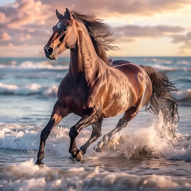 Schönes braunes Pferd galloppiert durch die Wellen