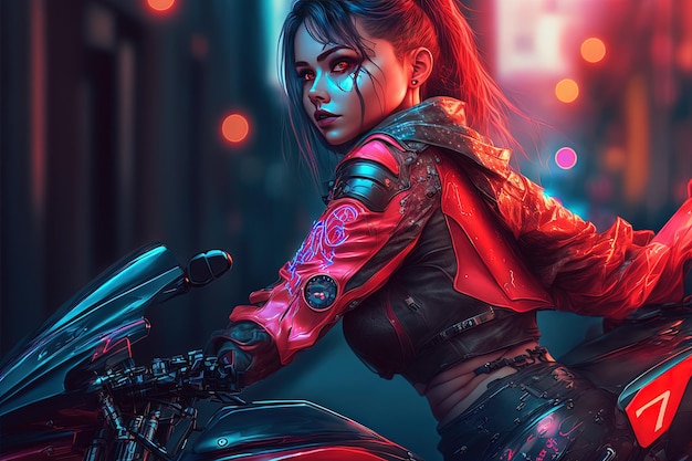 Schönes Cyberpunk-Mädchen, das ein futuristisches Motorrad in einer futuristischen Stadt fährt Generative KI Generative KI