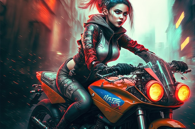 Schönes Cyberpunk-Mädchen, das ein futuristisches Motorrad in einer futuristischen Stadt fährt Generative KI Generative KI