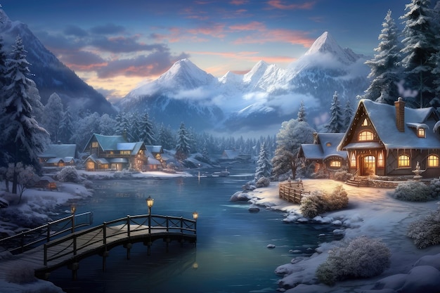 schönes Dorf in der Nähe des Sees mit Wintersaison
