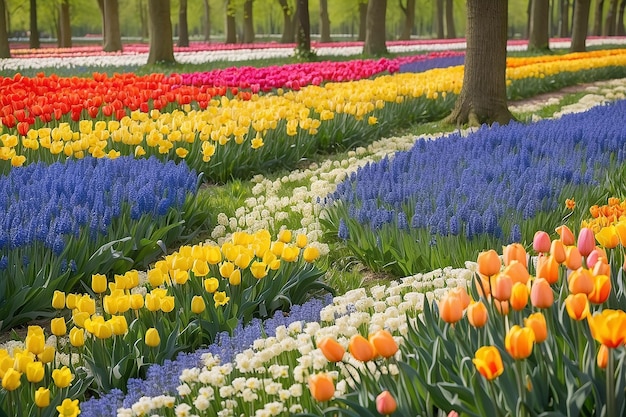 Schönes Feld von Frühlingsblumen mit Narziss-Tulpen und Muscari