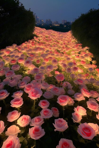 Schönes Feld weißer Rosen mit farbenfroher Landschaft