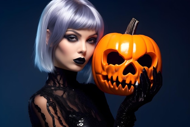 schönes flirtende Modell gothisches Mädchen mit einem Halloween-Kürbis auf einem farbenfrohen Hintergrund