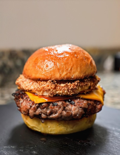 schönes Foto von Hamburger mit Fleischsalat und vielen Zutaten