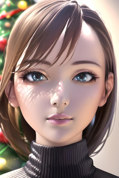 Schönes Frauenporträt vor Winterweihnachtsbaum in der digitalen Malereiillustration der Animeart