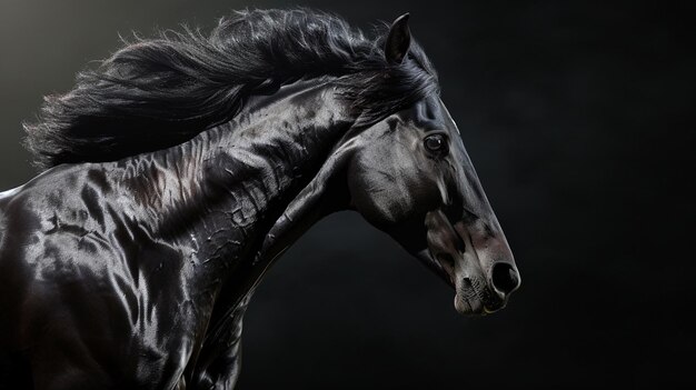 schönes galoppierendes schwarzes Pferd auf dunklem Hintergrund Generativ Ai