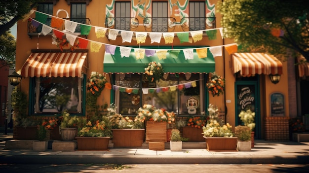 Schönes Gebäude mit bunten Blumen vor Chico De Mayo