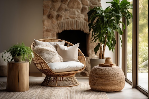 Schönes gemütliches Wohnzimmer mit einem Sessel aus Weiden
