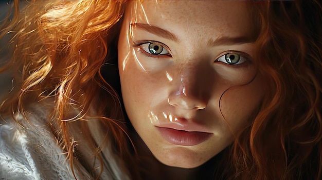 Schönes Gesicht mit Freckles einer niedlichen rothaarigen jungen Frau in den Sonnenstrahlen