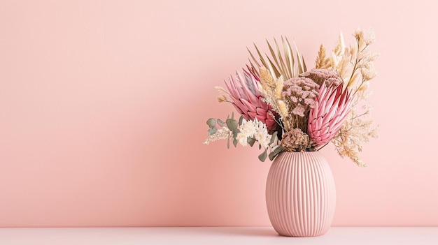 Schönes getrocknetes Blumenarrangement in einer stilvollen rosa Vase In dem Blumenstrauß rosa Generative Ai