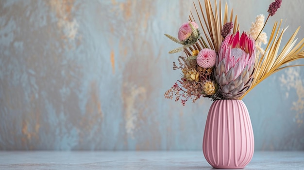 Schönes getrocknetes Blumenarrangement in einer stilvollen rosa Vase In dem Blumenstrauß rosa Generative Ai
