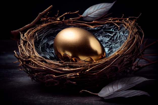 Schönes glänzendes goldenes Ei im Vogelnest auf dunklem Schieferhintergrund Das goldene Ei im Nest Generative KI