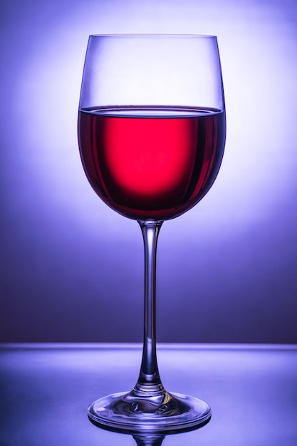 Schönes Glas mit Rotwein bis zum Licht vor blauem Lichtfleck