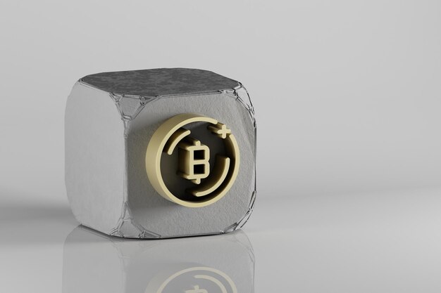 Schönes goldenes Bitcoin-Symbol auf einem Betonwürfel und weißem keramischen Hintergrund 3D-Rendering illustra