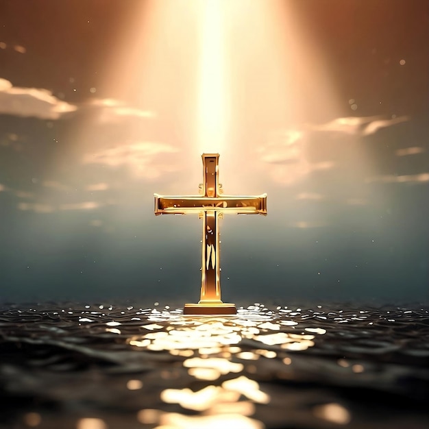 Schönes goldenes Kreuz im heiligen Wasser, das Hoffnung und Rettung darstellt.