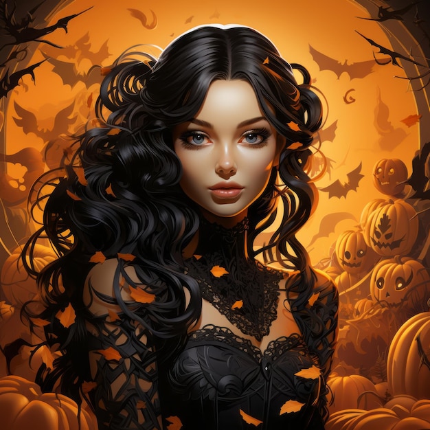 schönes Halloween-Mädchen mit schwarzen Haaren und schwarzem Kleid in einer Halloween-Szene mit Kürbissen und Fledermäusen