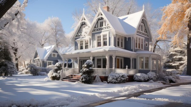 Schönes Haus im amerikanischen Stil in Winterlandschaft mit Schnee und Bäumen