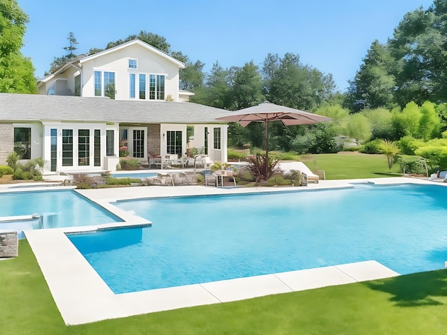 Schönes Haus im modernen Stil mit einem Pool im Hinterhof. Luxuriöser Sonnenuntergang im Hinterhof mit Pool