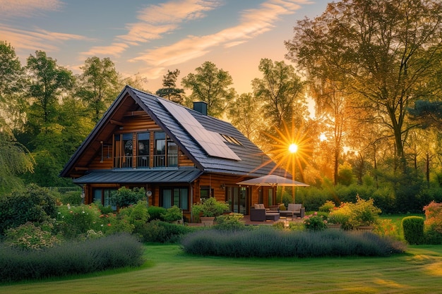 Schönes Haus mit Solarpanelen auf dem Dach unter einem hellen Himmel