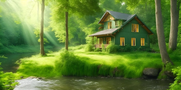 Schönes Haus mitten im Wald, grüne Natur am Flussufer, Sonnenstrahlen auf dem Haus.