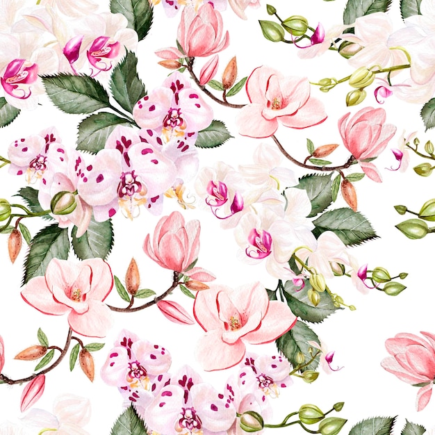 Schönes helles Aquarellmuster mit Blumen von Orchideen und Magnolien Illustration