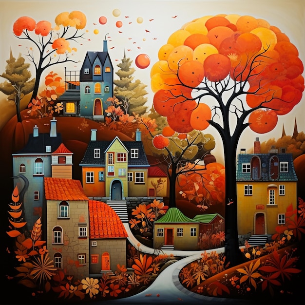 Schönes Herbstlandschaftshaus mit orangefarbenen Bäumen, Design mit generativer KI