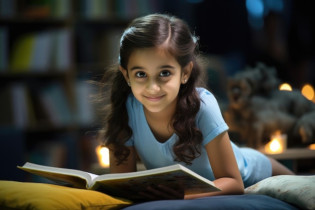 Schönes indisches asiatisches Mädchen, das Buch liest und lächelt, während es Hausaufgaben macht