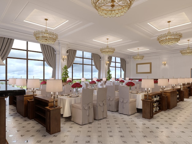 Schönes Interieur des Restaurants in einem modernen Hotel mit weißen Stofftischen und weichen Stühlen, Serviertische mit lebenden Rosen. 3D-Rendering