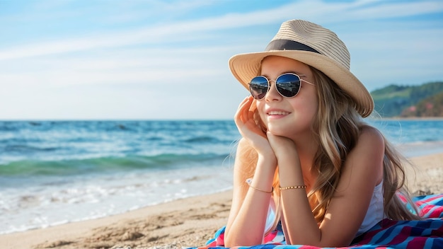 Schönes, junges, fröhliches Mädchen mit Hut und Sonnenbrille ruht sich am Morgen am Strand aus