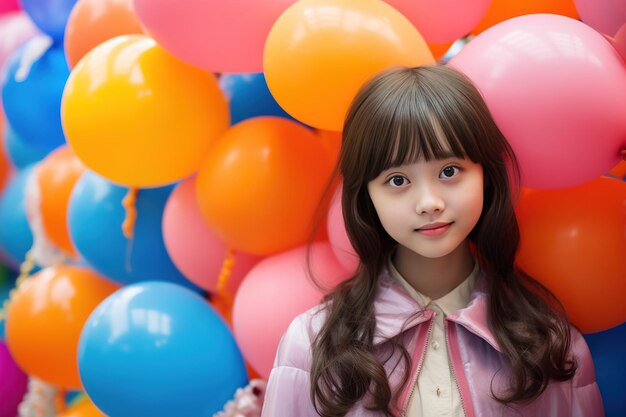 Schönes junges koreanisches Teenager-Modemädchen, das auf Kamera-Ballons-Hintergrund schaut