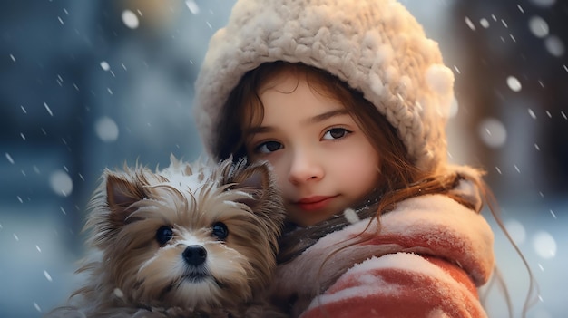 Schönes junges Mädchen mit einem Hund im Winterwald Ein junges Mädchen hält einen pelzigen kleinen Hund im Schnee