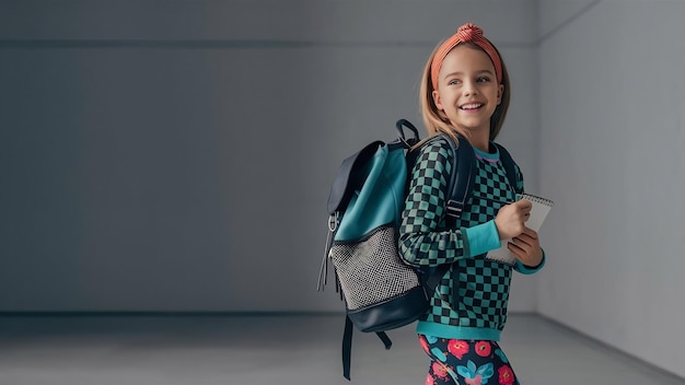 Schönes junges Mädchen mit einem Rucksack steht und hält ein Notizbuch, das auf einem grauen Hintergrund posiert