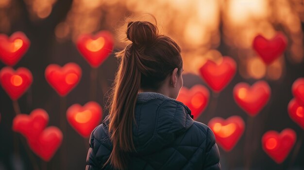 Schönes junges Mädchen mit roten Herzen in der Stadt am Sonnenuntergang Valentinstag