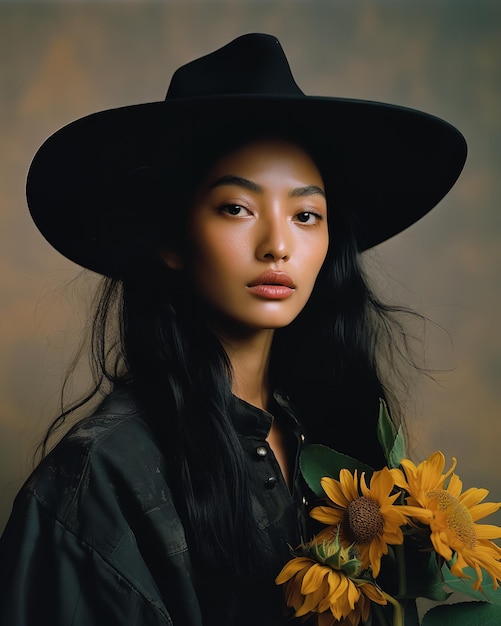 Schönes junges Modell mit Sonnenblumen und schwarzem Kleid und Hut Porträt Generative KI