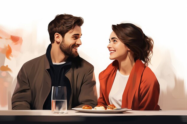 Schönes junges Paar, das ein romantisches Abendessen im Restaurant speist, lächelt und sich gegenseitig ansieht